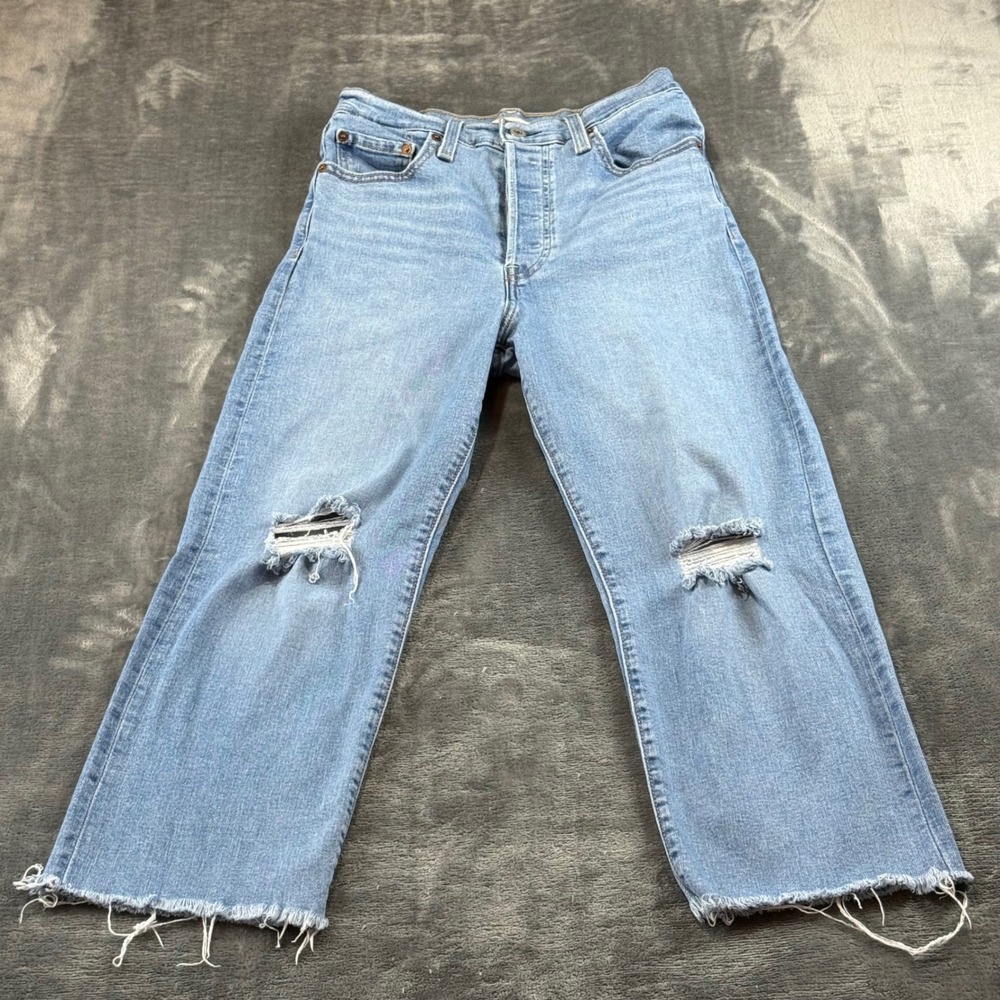 Levis Ribcage Straight Ankle Jeans 28 Light Wash Distressed Raw Hem Button Fly